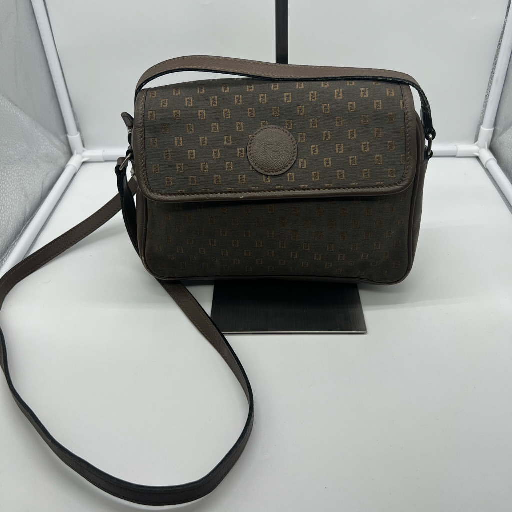 Fendi Vintage 1980s Micro Zucchino Monogram Canvas Brown Leather Trim Crossbody